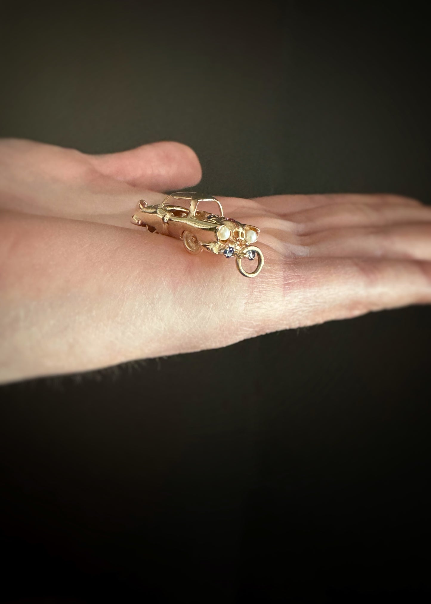 Vintage 14k + Sapphire Ruby and Pearl Classic Car Charm