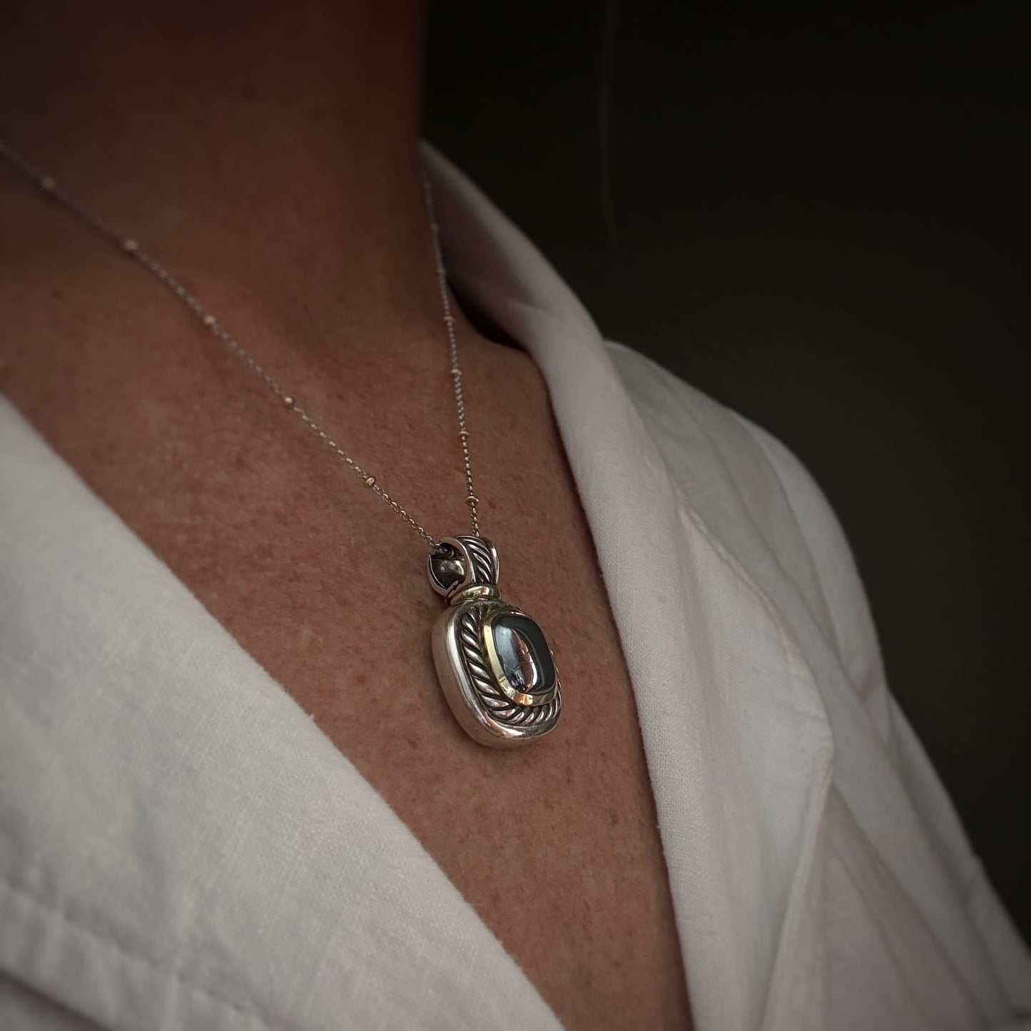 Estate Designer Sterling Silver +14k Hematite Pendant
