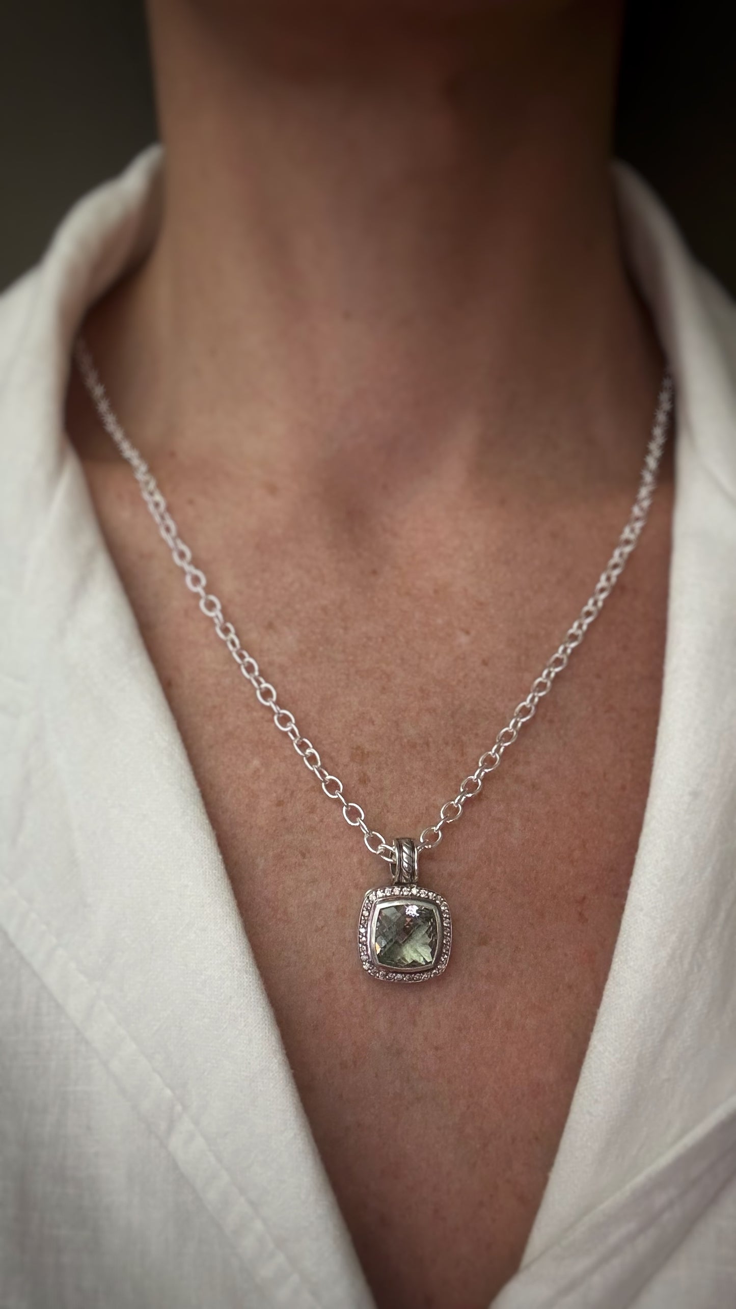 Estate Designer Sterling Silver + Prasiolite and Diamond Pendant