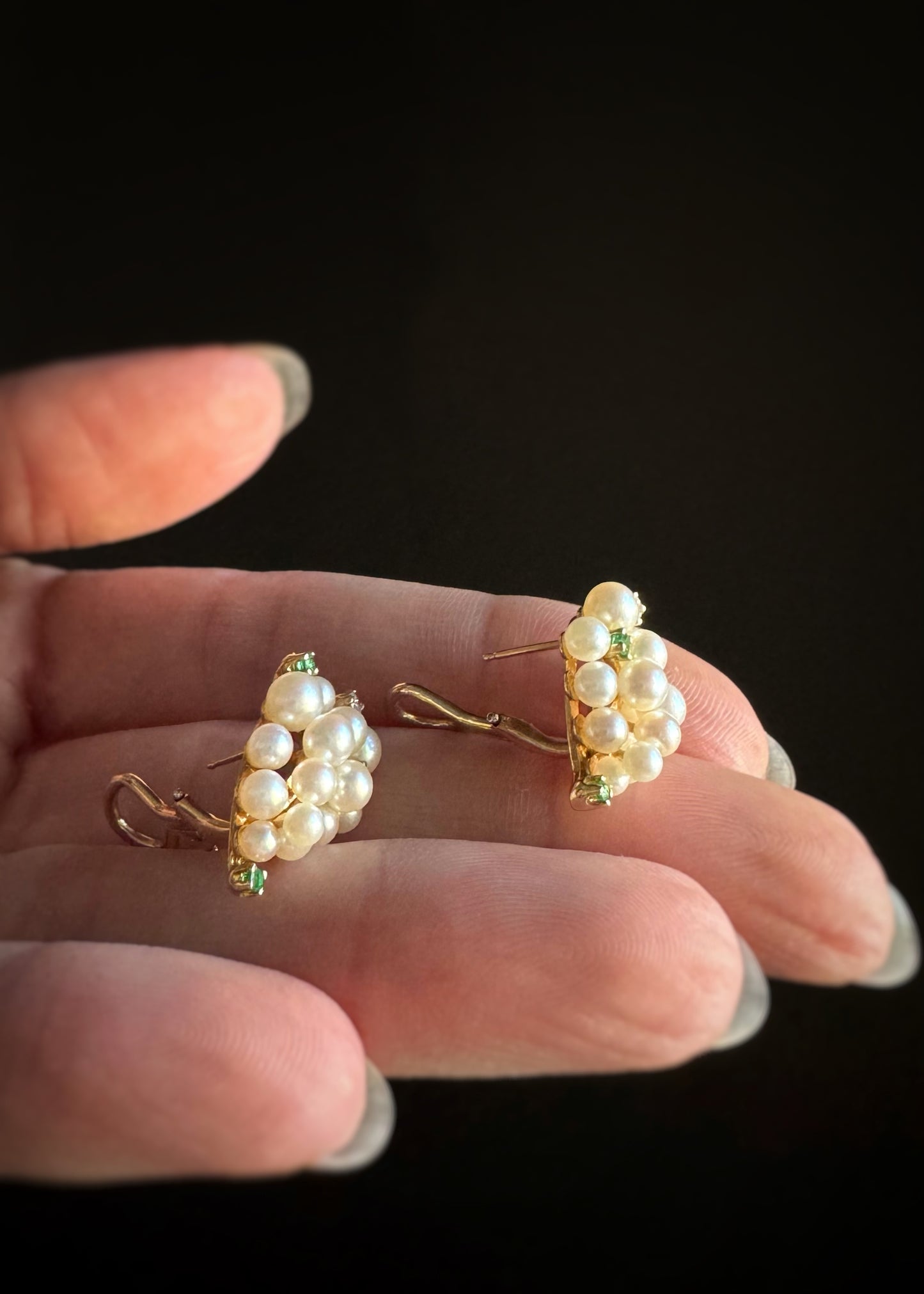 Estate 14k + Pearl Emerald and Diamond Cluster Earrings