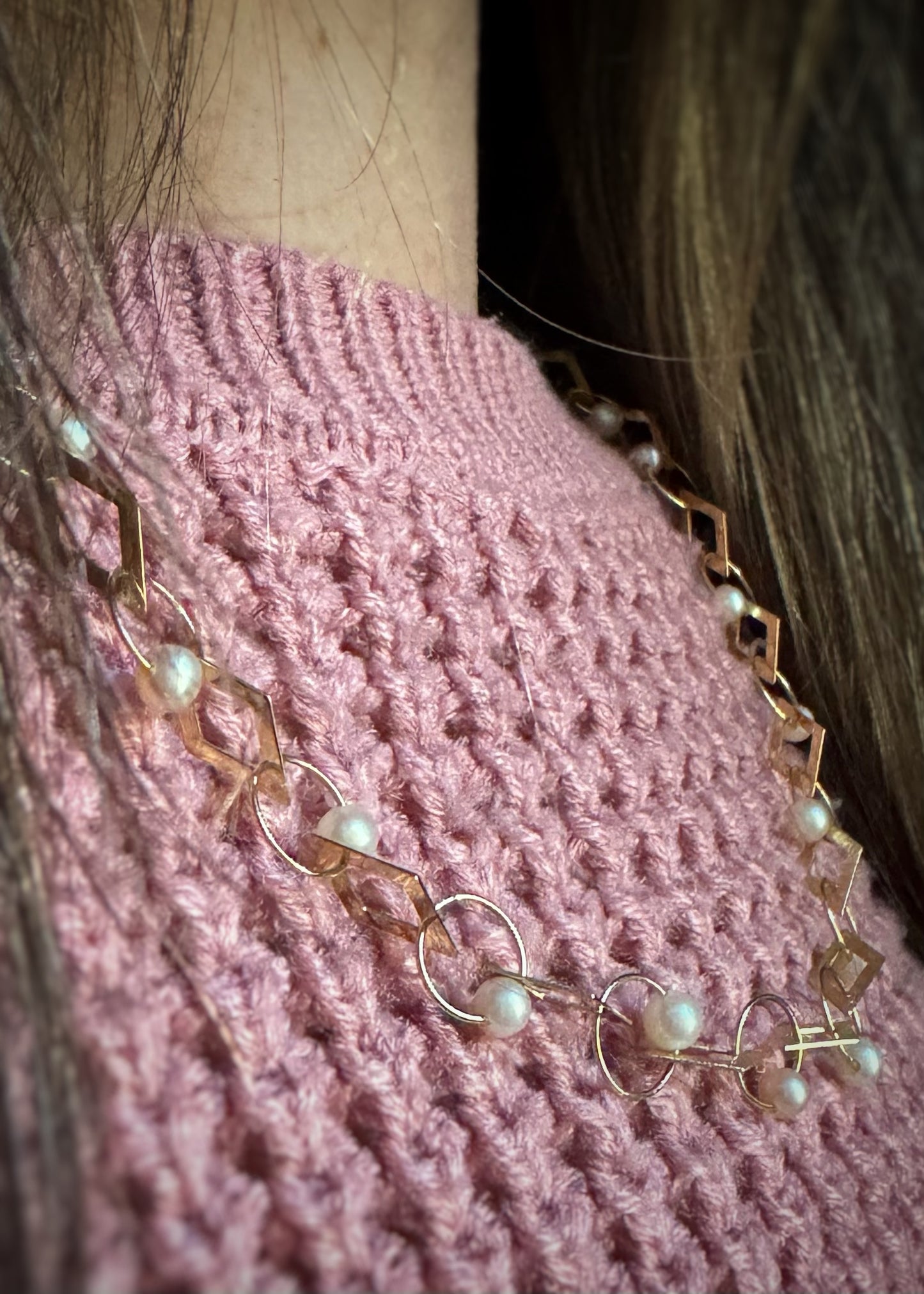 Estate 14k + Pearl Geometric Link Necklace