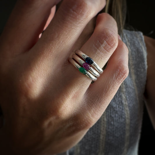 Estate Retro Sterling Silver + Gemstone Trio Stack
