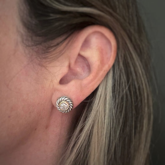 Estate Designer Sterling Silver + 18k Diamond Cookie Studs