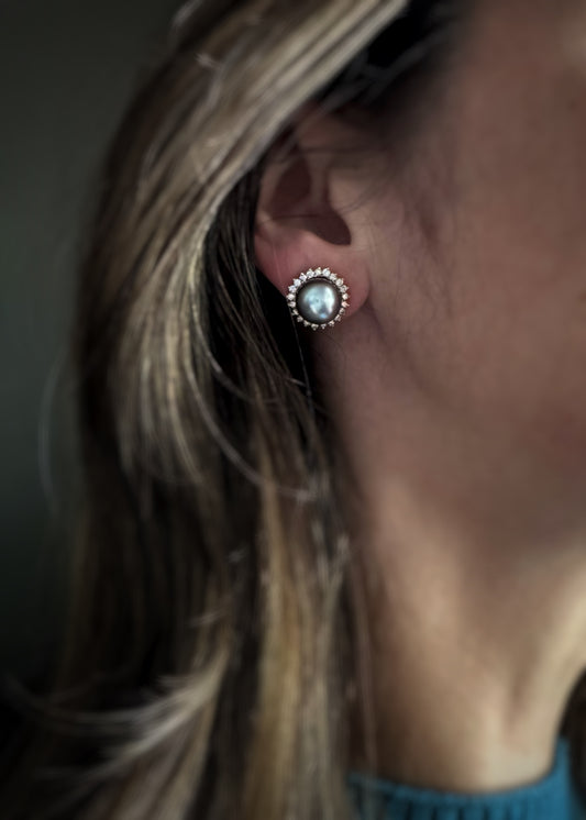 Estate 14k + Tahitian Pearl and Diamond Halo Earrings