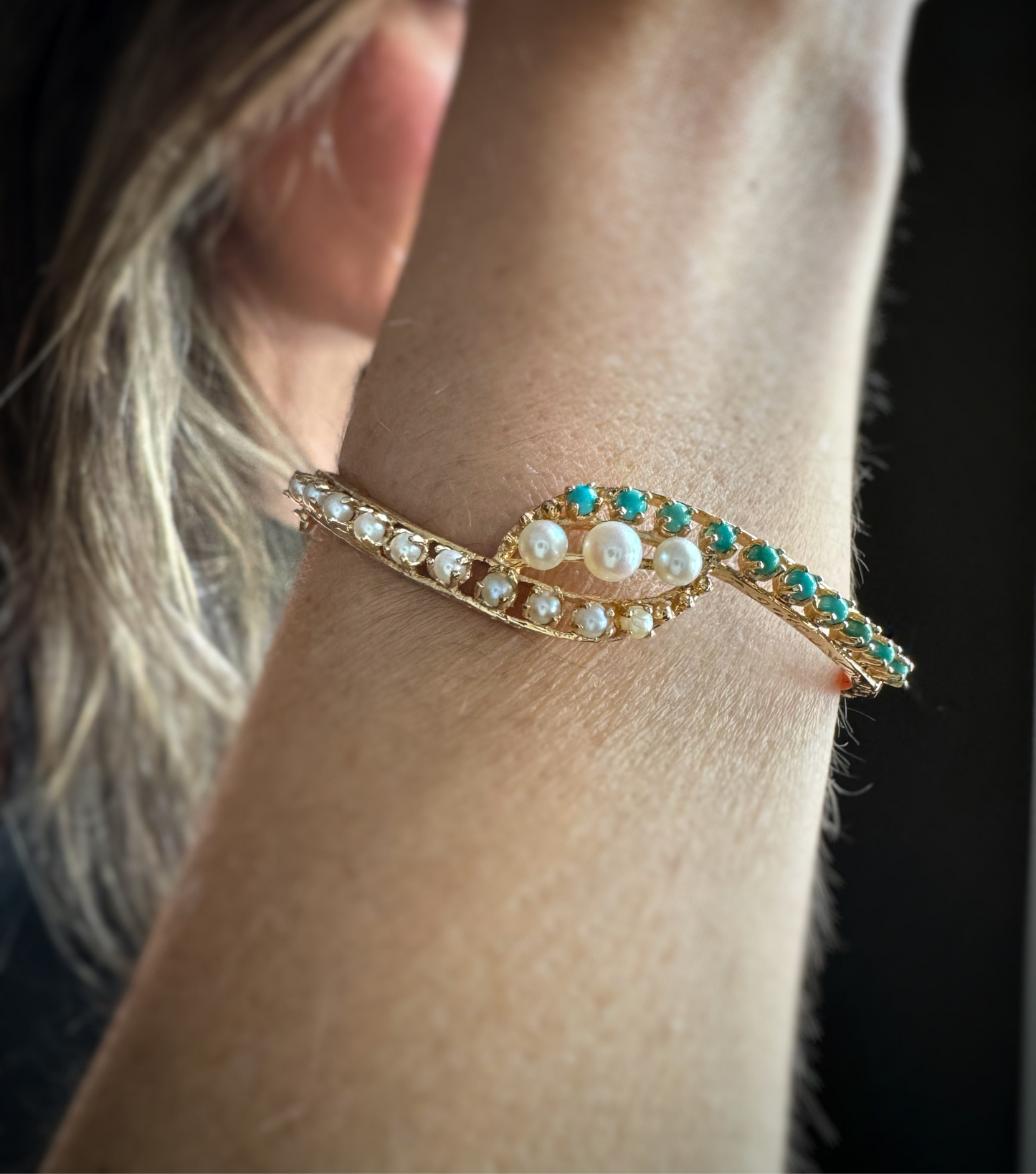 Estate 14k + Pearl and Turquoise Bangle Bracelet