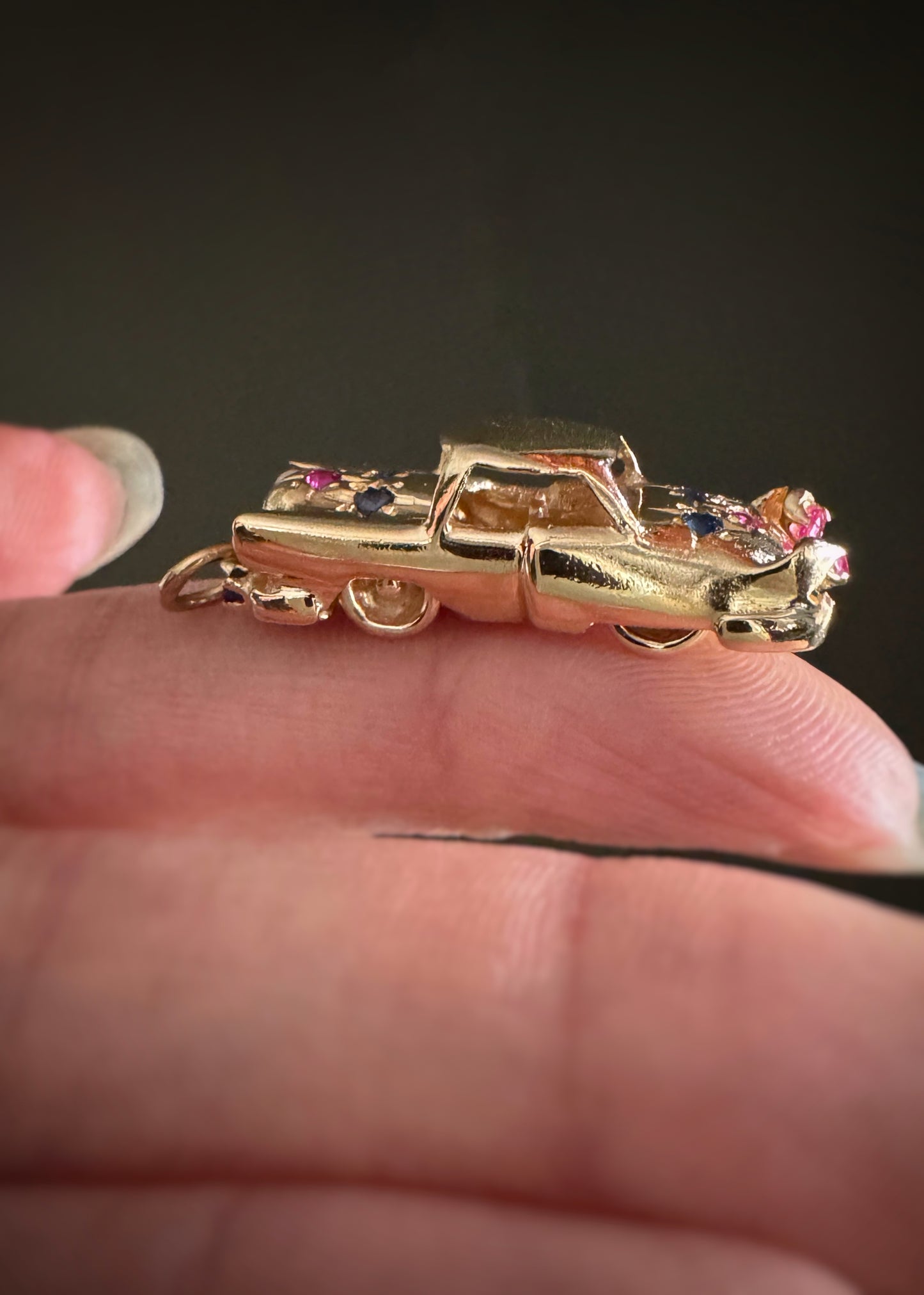 Vintage 14k + Sapphire Ruby and Pearl Classic Car Charm