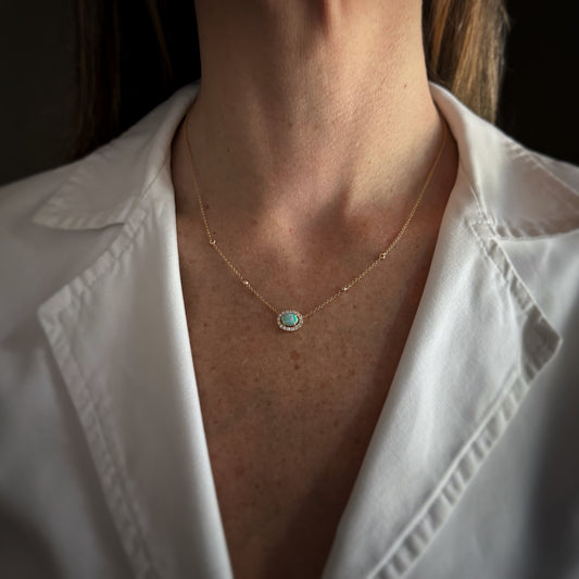 Estate 14k + Opal and Diamond Necklace