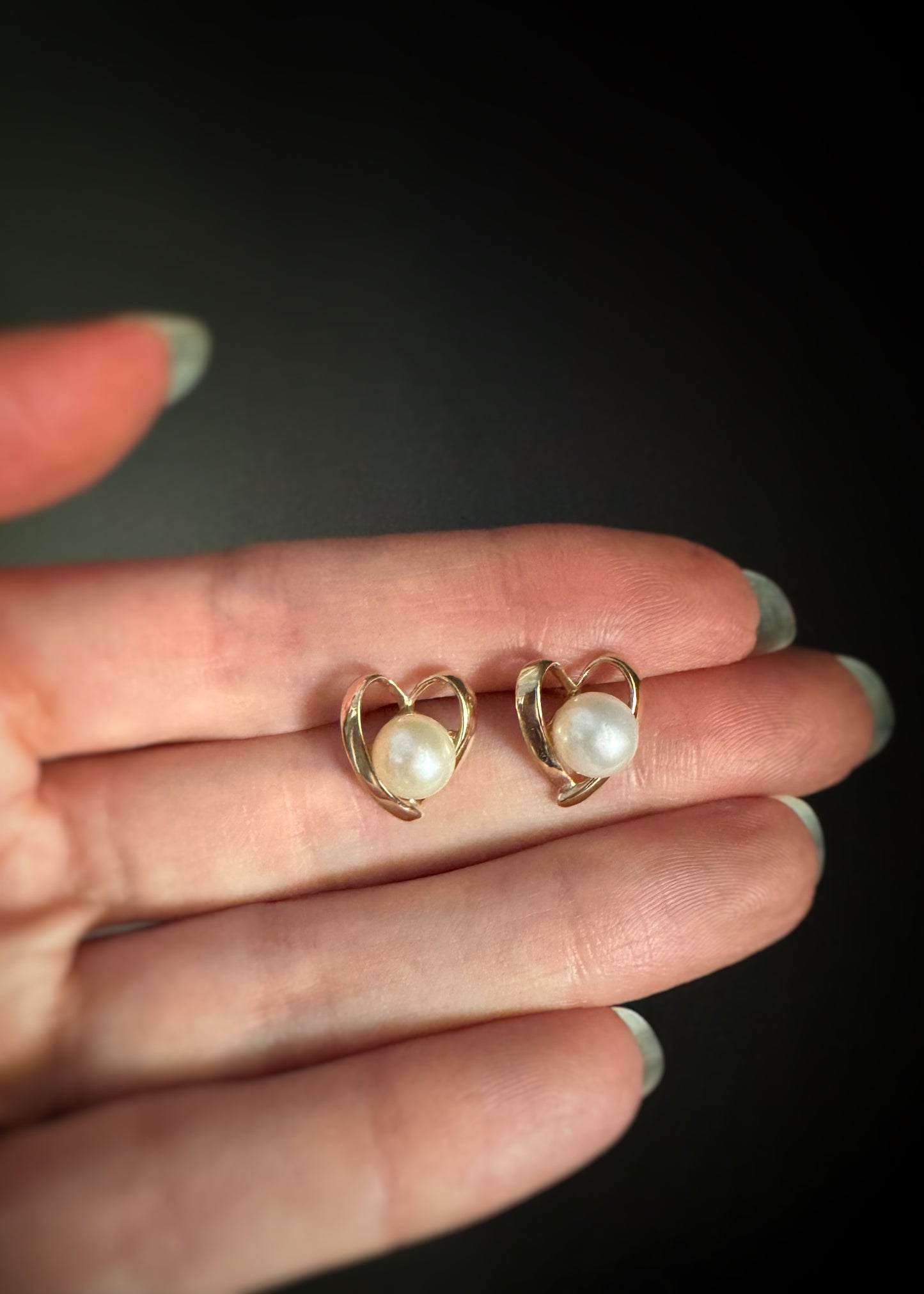 Estate 14k + Cultured Pearl Heart Stud Earrings