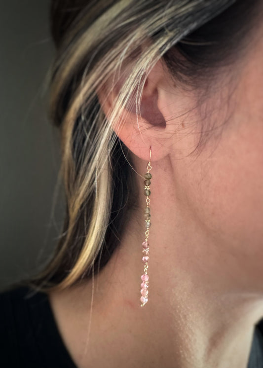 14k + Pink and Green Tourmaline Bead Earrings