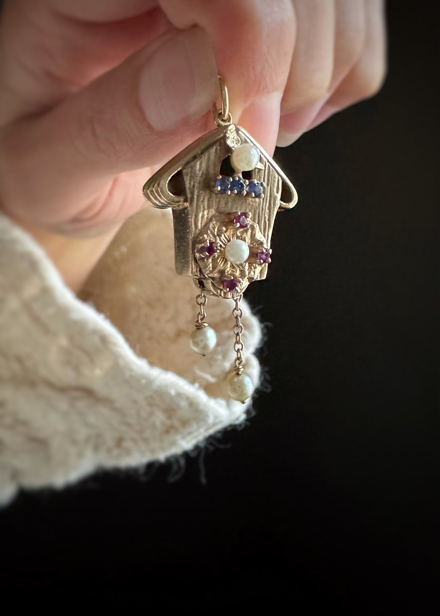 Estate 14k + Sapphire Ruby and Pearl Cuckoo Clock Charm