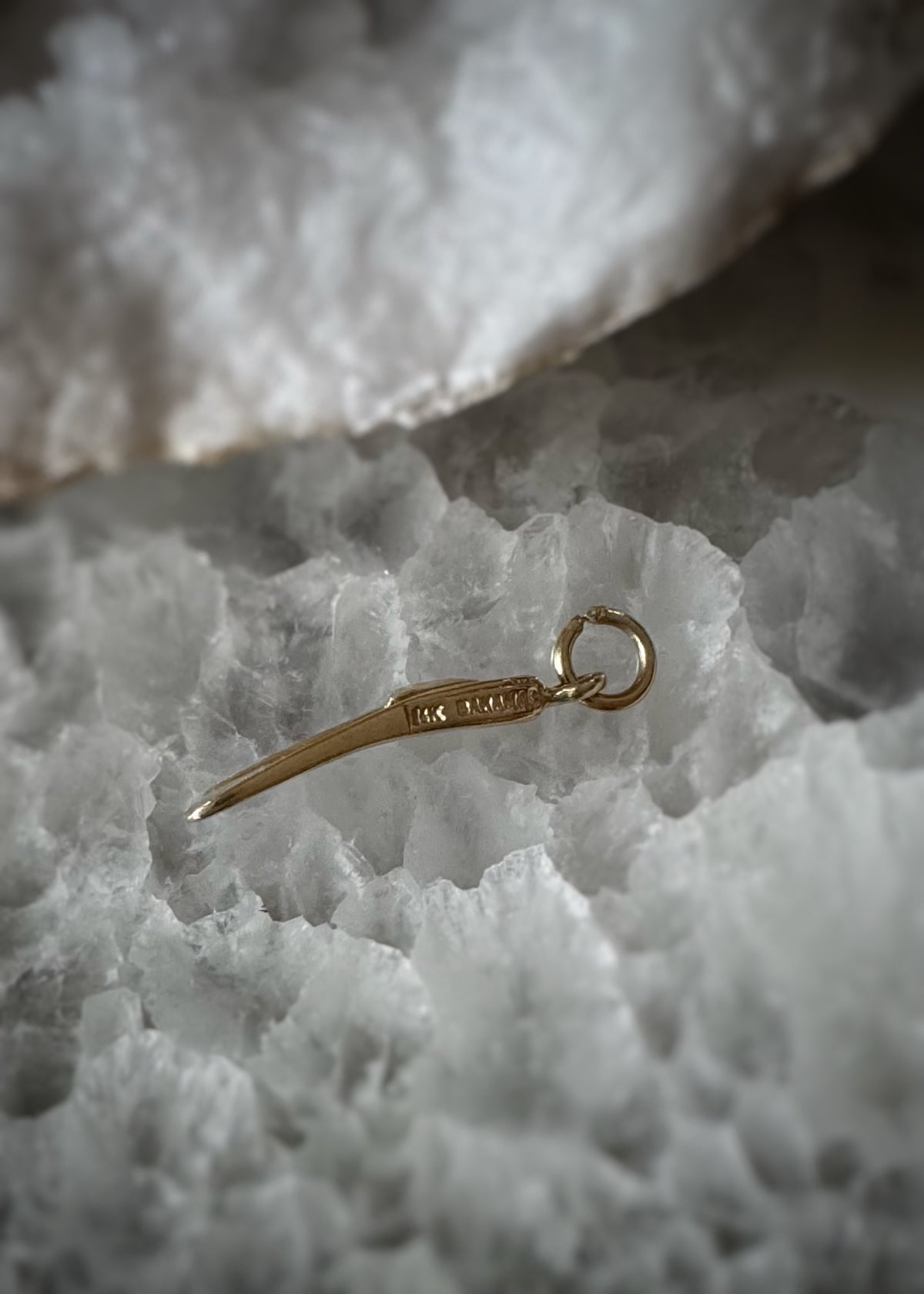 Side view of a 14k yellow gold flipper charm that is stamped "14K" and "BAHAMAS"