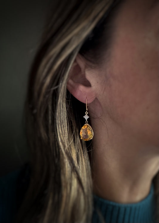 Estate 14k + Citrine and Diamond Dangle Earrings