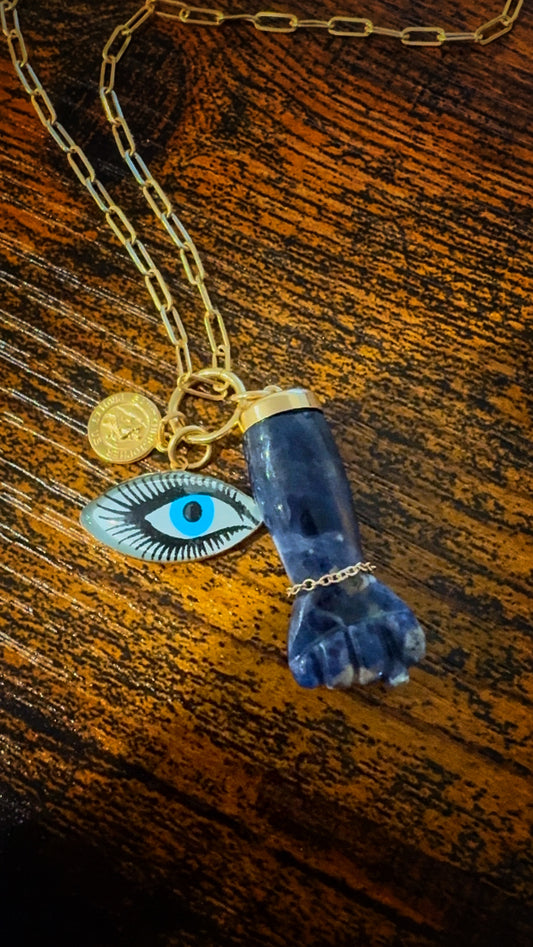 Estate 14k + Sodalite Mano Figa Fist Amulet
