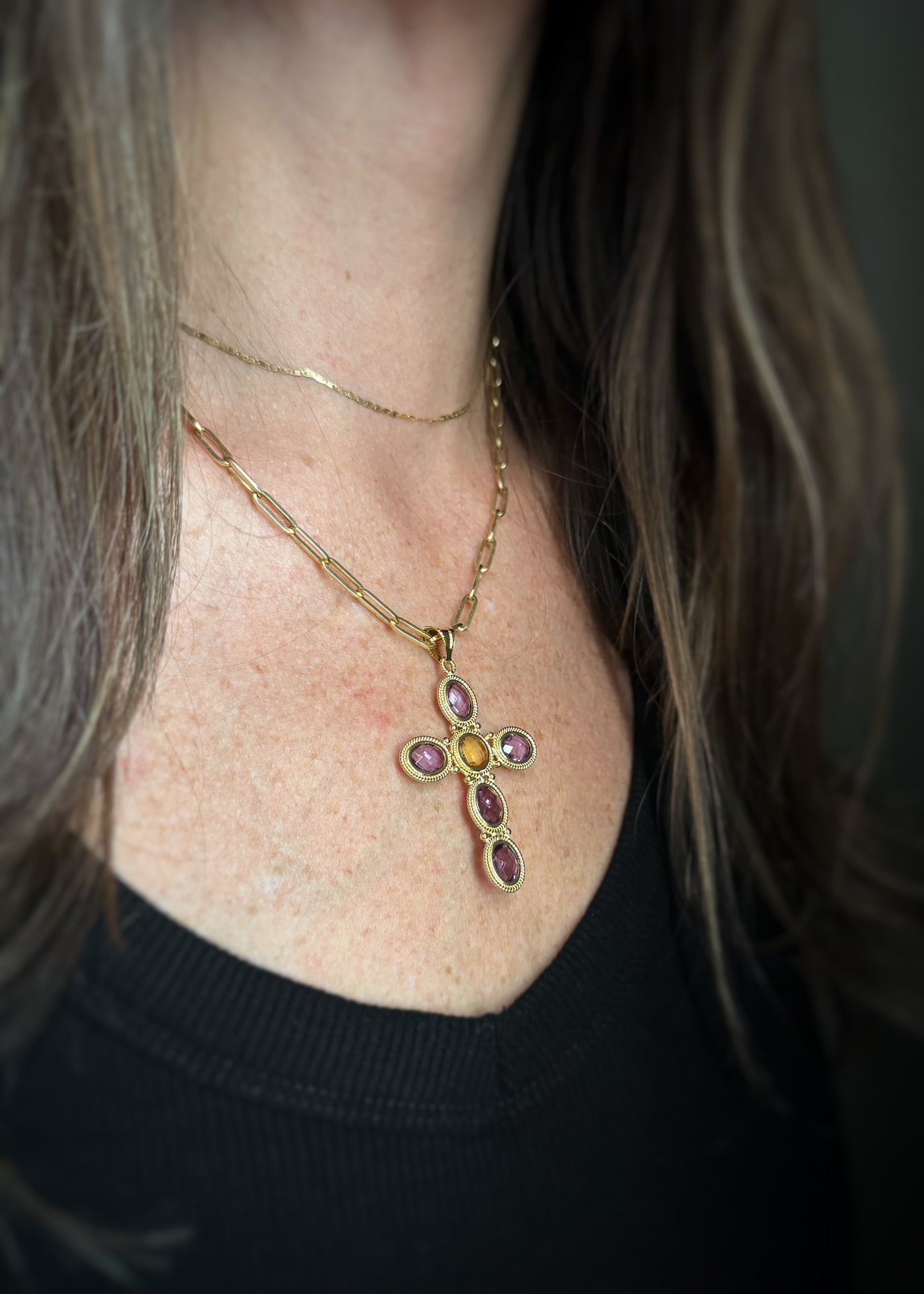 Estate 18k + Amethyst & Citrine Large Cross Pendant