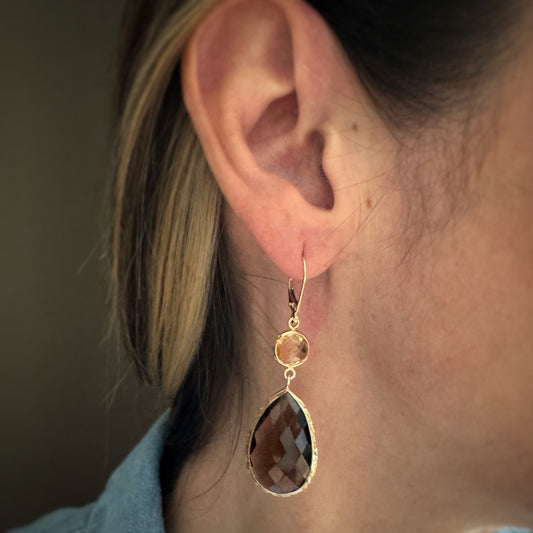 Estate 14k + Citrine and Smoky Quartz Dangle Earrings