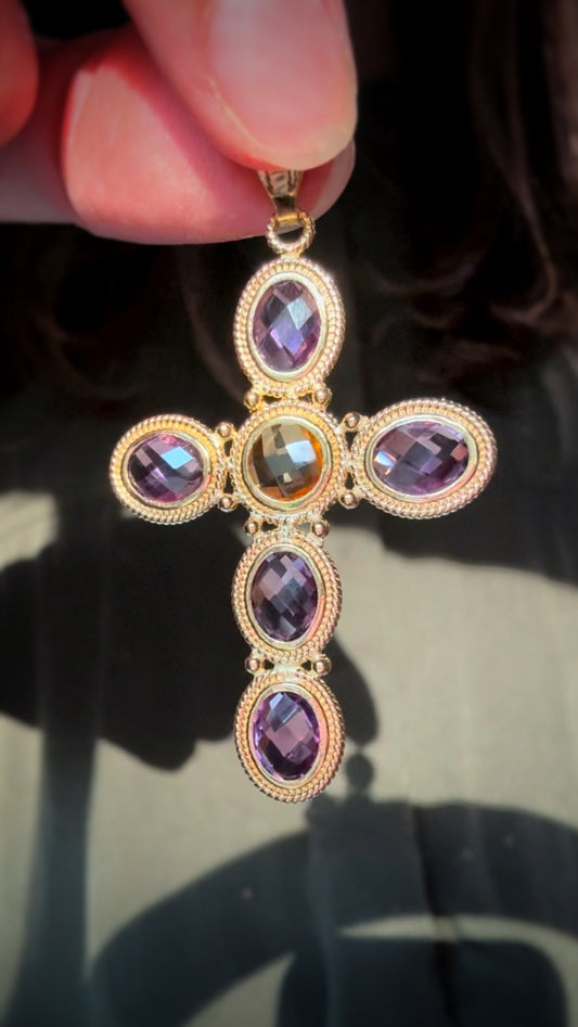 Estate 18k + Amethyst & Citrine Large Cross Pendant