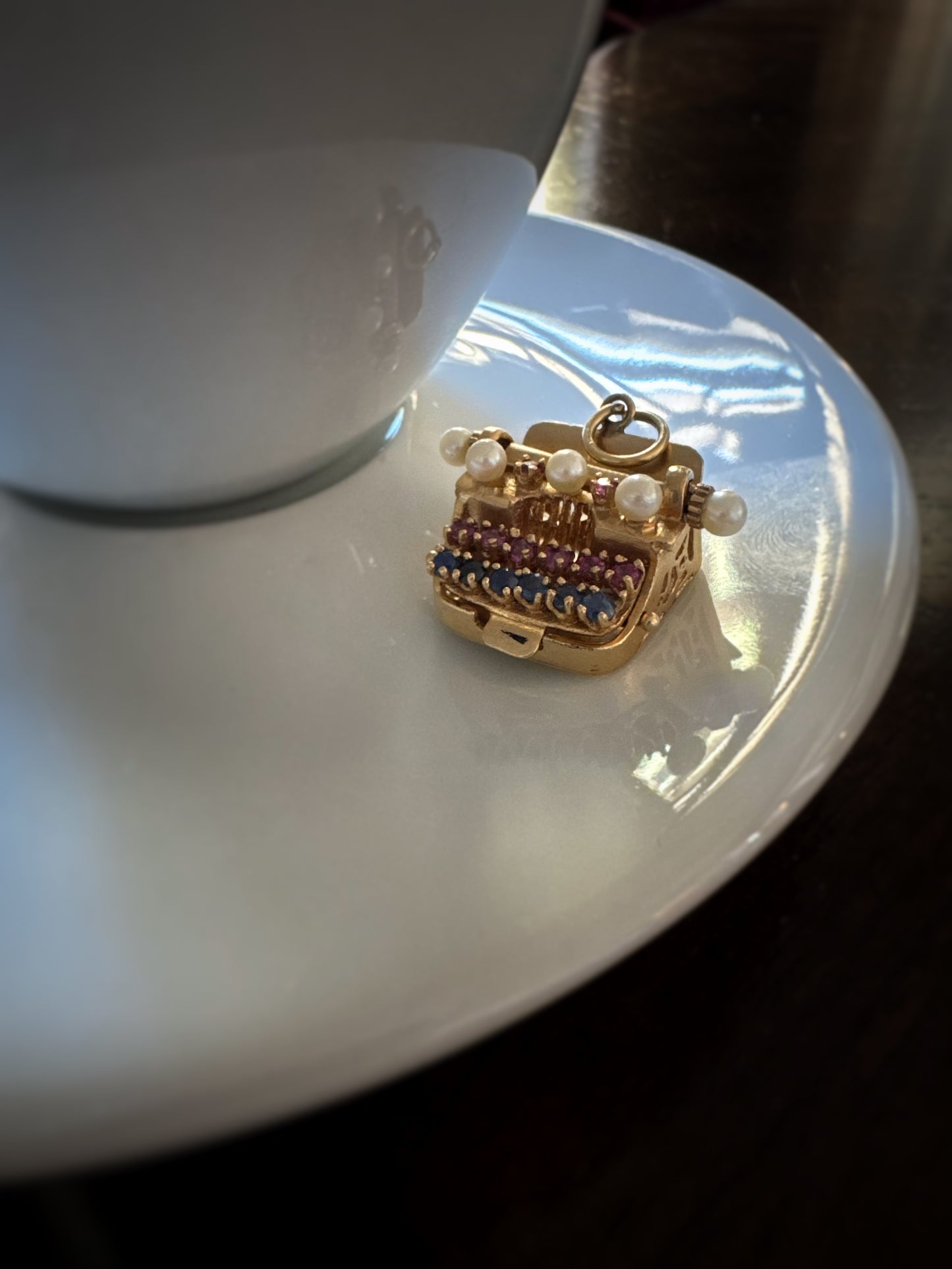 Vintage 14k + Sapphire Ruby and Pearl Typewriter Charm