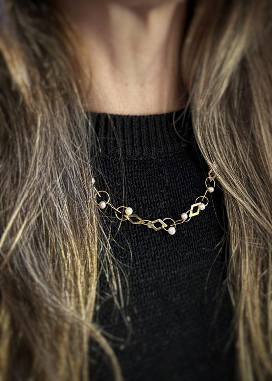 Estate 14k + Pearl Geometric Link Necklace