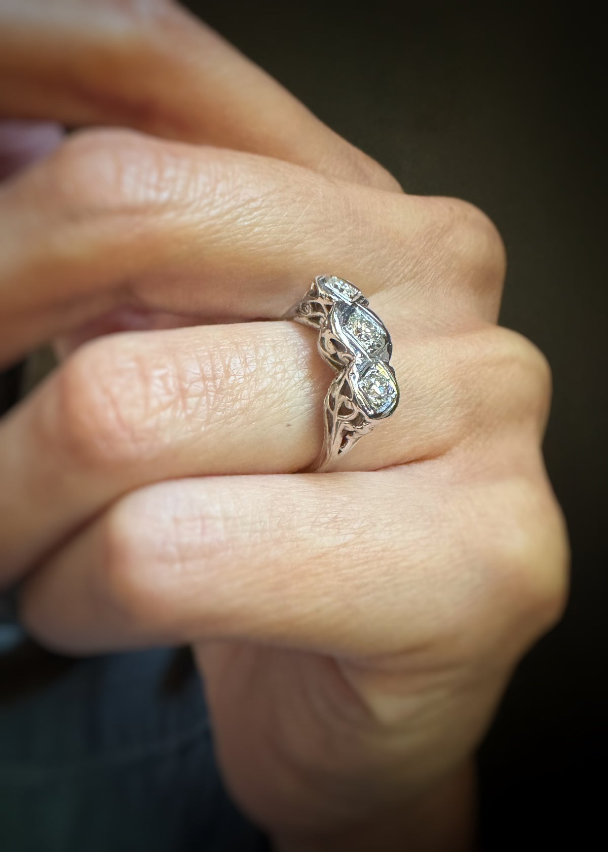 Estate 14k + Diamond Three Stone Filigree Ring