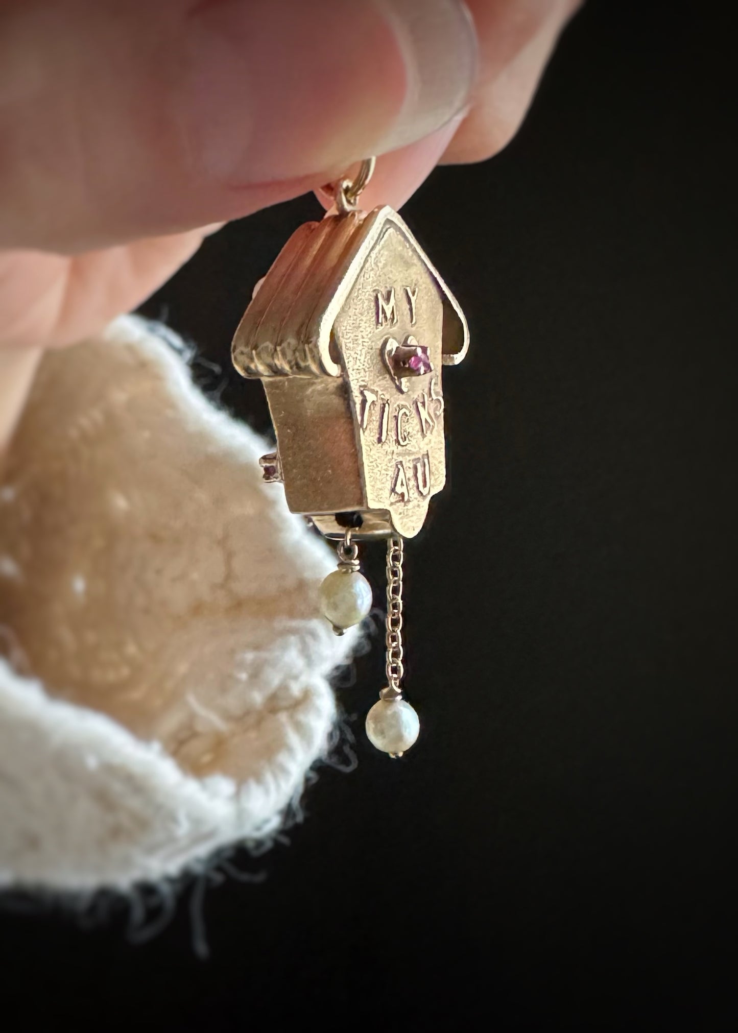Estate 14k + Sapphire Ruby and Pearl Cuckoo Clock Charm