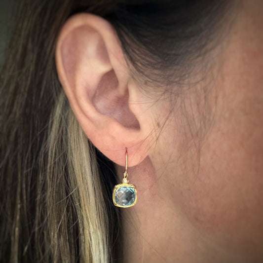 Estate 14k + Blue Topaz and Diamond Dangle Earrings