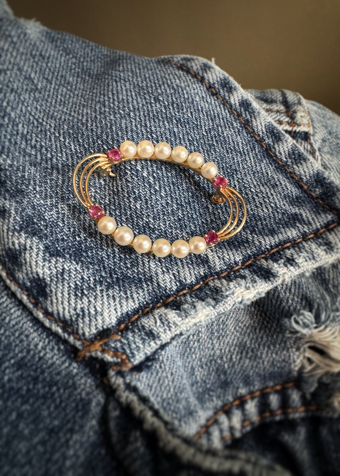 Estate 14k + Ruby and Pearl Oval Brooch