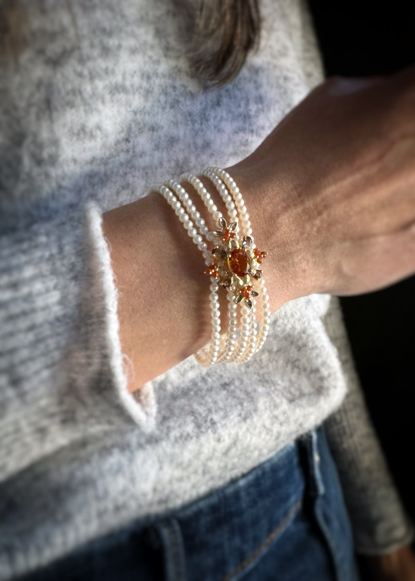 Estate 14k + Pearl Bracelet with Citrine and Diamond Insert