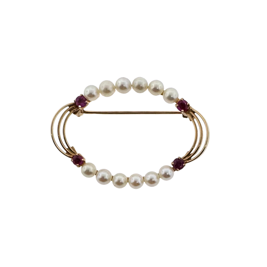 Estate 14k + Ruby and Pearl Oval Brooch