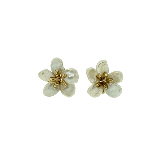 Estate 14k + Keshi Pearl Flower Earrings