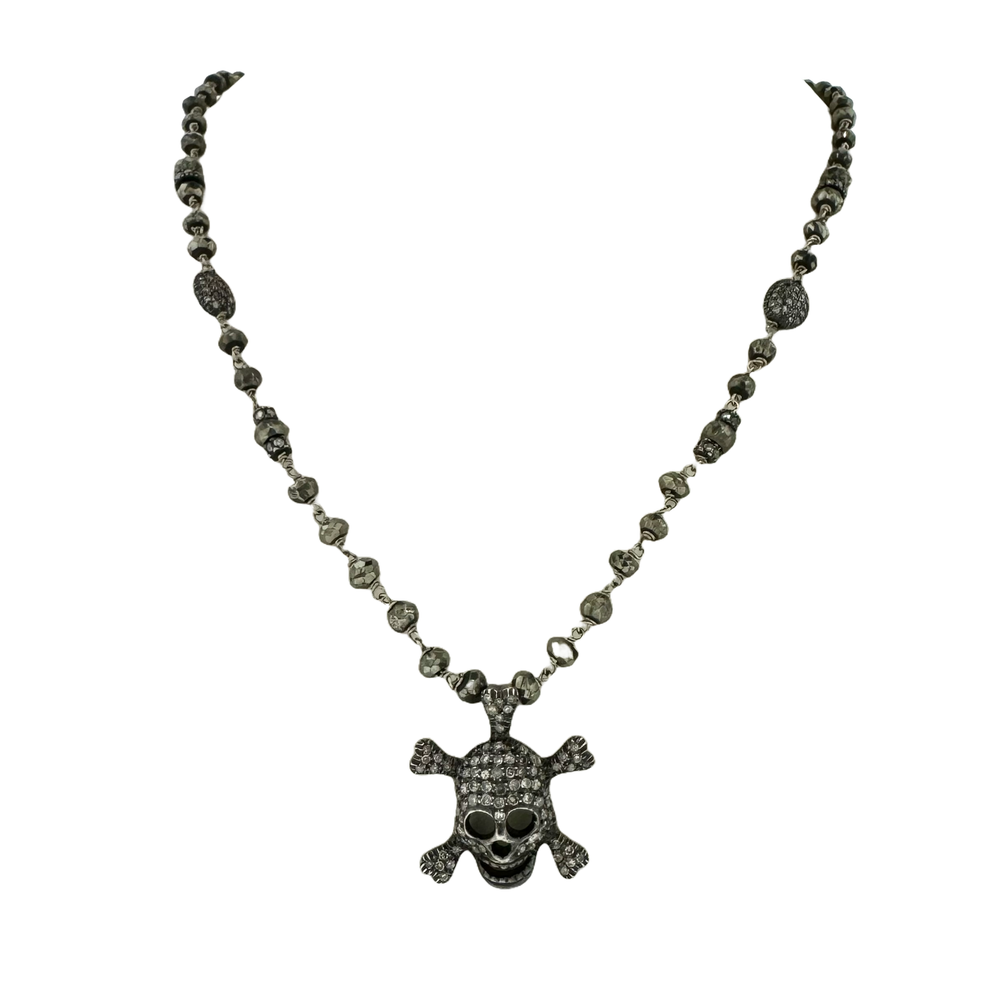 Estate 14k + Pyrite & Diamond Skull Necklace