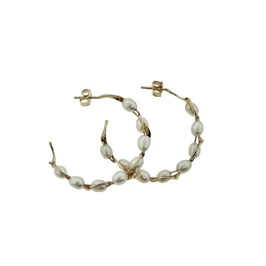 Estate 14k + Pearl Hoop Earrings