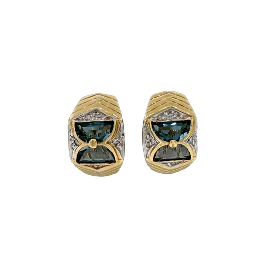 Estate 14k + Half-Moon Blue Topaz & Diamond Earrings