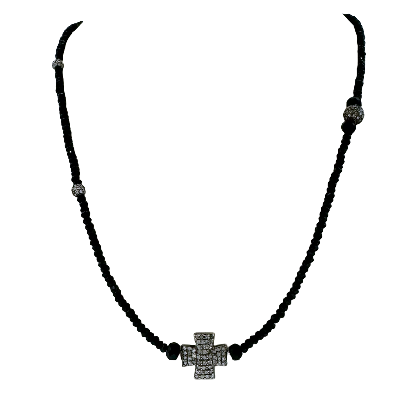 Sterling Silver + Black Spinel Beads & Diamond Cross Necklace