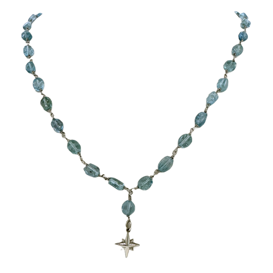 14k + Aquamarine Beaded Chain & Compass Rose Necklace