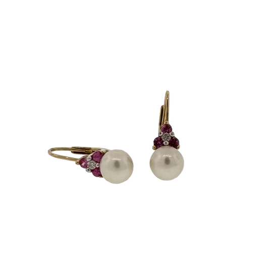 Estate 14k + Pink Sapphire and Pearl Earrings