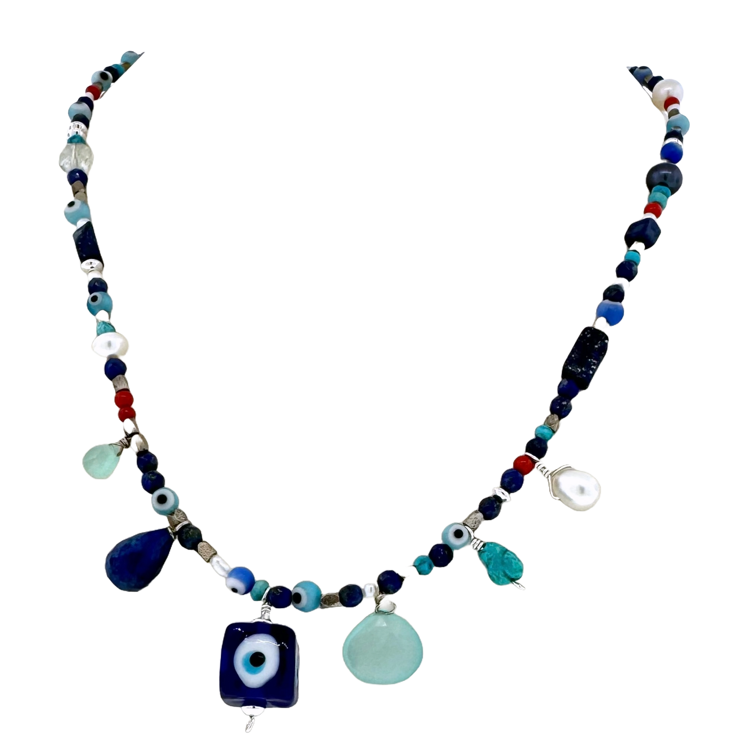 Sterling + Mixed Gems Evil Eye Beaded Necklace