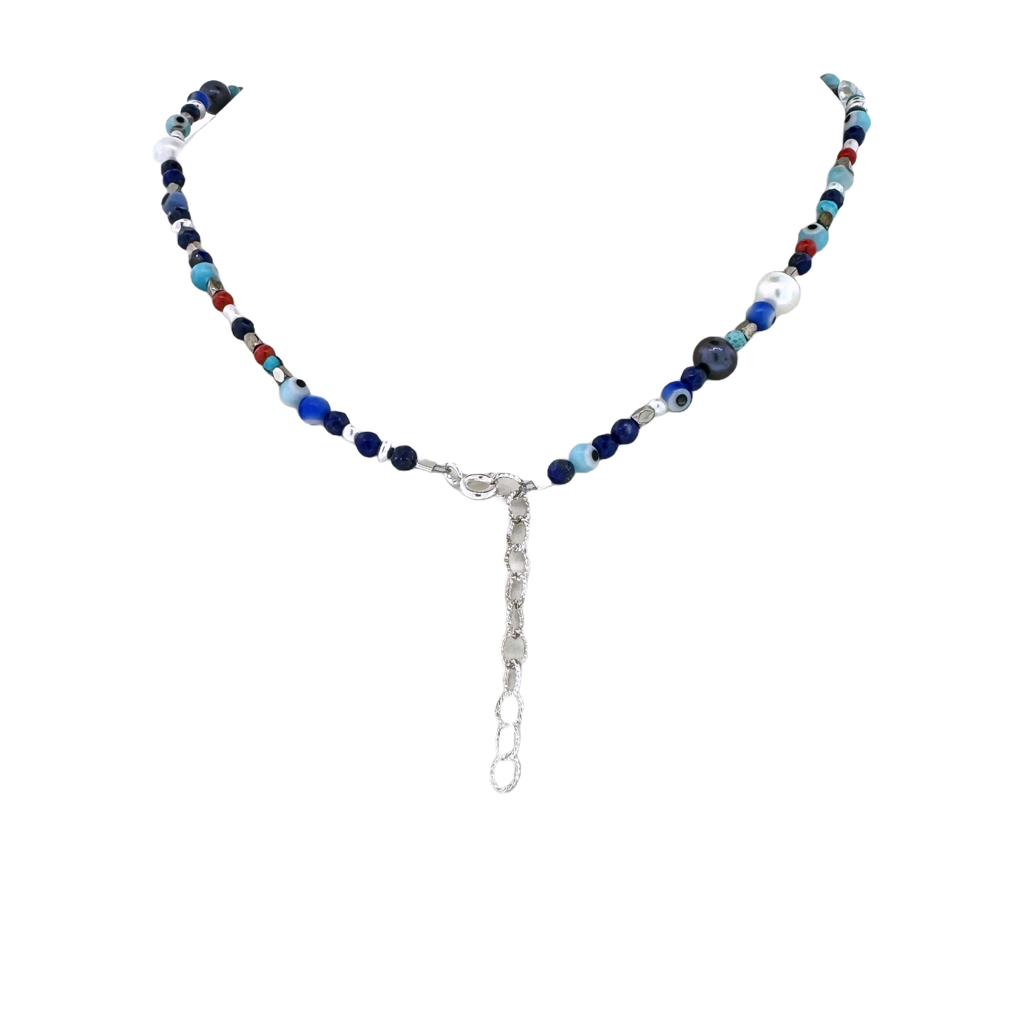 Sterling + Mixed Gems Evil Eye Beaded Necklace