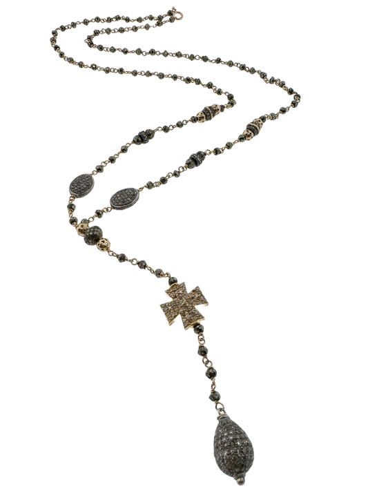 Estate 14k + Sterling Silver Pyrite Beaded Y Chain Necklace