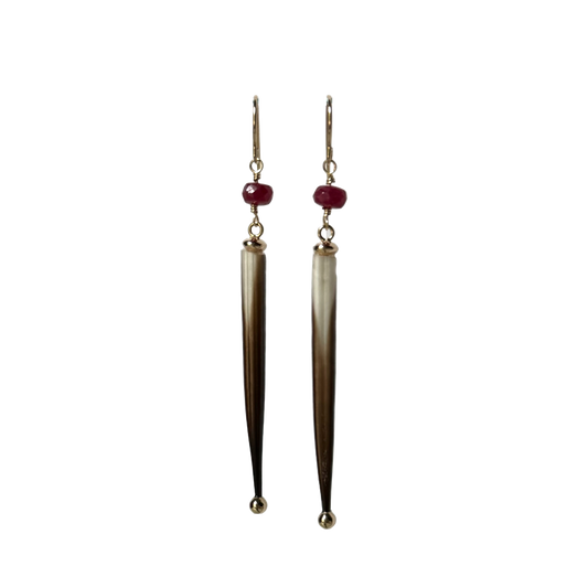 14k + Porcupine Quill and Ruby Earrings