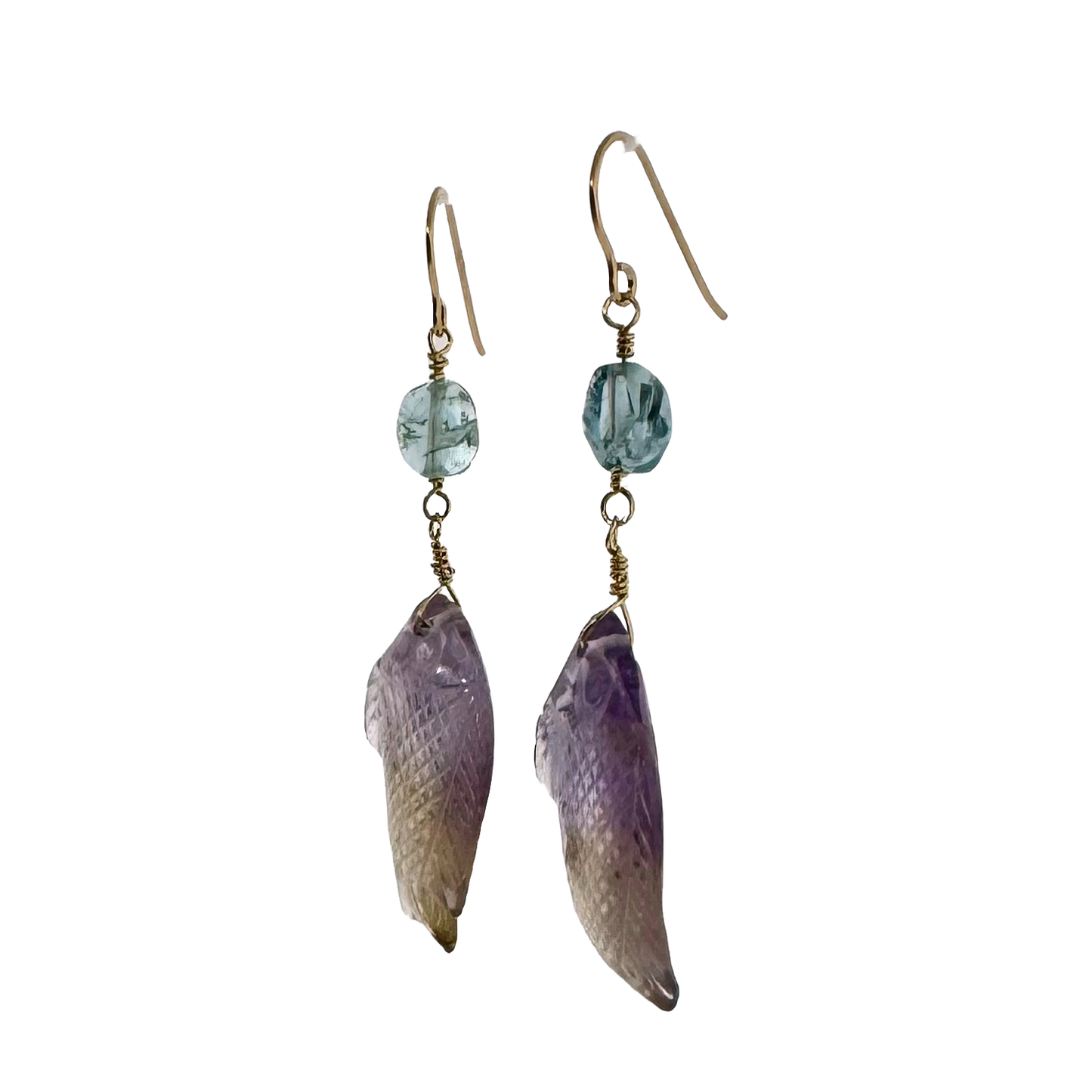 14k + Aquamarine and Ametrine Fish Earrings